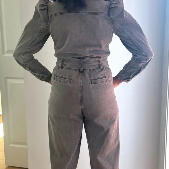 Express Puff Sleeve Tie Waist Gray Wash Denim Jumpsuit - Picture 2 of 6